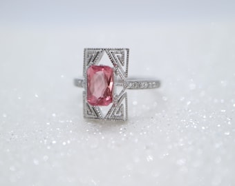 Art Deco natural pink tourmaline  and diamond ring, in white gold setting, Moissaninte engagement ring,Emerald cut tourmaline  wedding ring