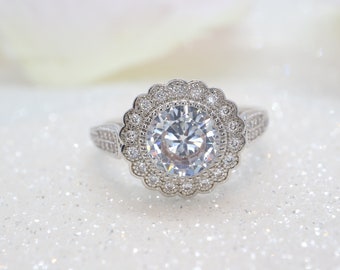 Vintage inspired moissanite milgrain ring with halo, 14k white gold moissanite and diamond halo ring,Engagement ring, Wedding ring