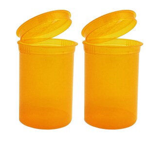 May include: Two orange plastic pill bottles with lids open. The bottles are empty.