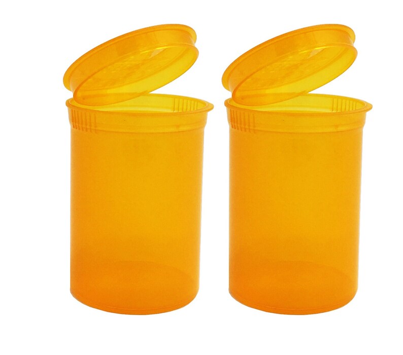 May include: Two orange plastic pill bottles with lids open. The bottles are empty.