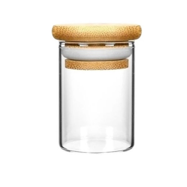 1 oz Bamboo Wood Lid Suction Glass Jar, Spice Jar, Display Bottle, Storage Container