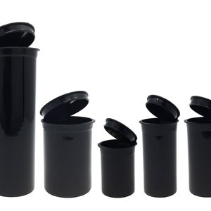 May include: An assortment of black plastic containers with open lids. The containers vary in size, from tall and slender to short and wide. The lids are black and have a rounded shape. The containers are arranged against a white background.
