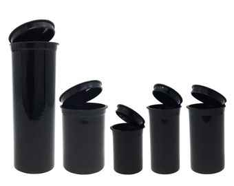 BLACK Opaque Dram 5 Pack Pop Top Open Containers 1 Ea Size ( 60 dram, 30 dram, 19 dram, 13 dram, 8 dram ) w/ Label Options Made in USA