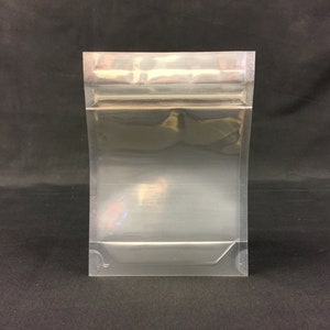 May include: A clear plastic resealable bag with a zipper closure. The bag is empty and has a smooth, shiny surface.