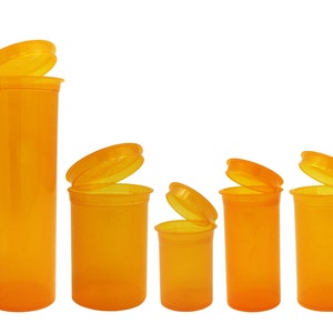 May include: Five orange plastic pill bottles with lids open. The bottles are different sizes, with the largest bottle on the left and the smallest bottle on the right.
