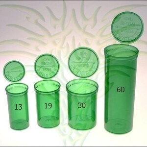 May include: Four green plastic containers with lids. The lids have the text "CVS Below Side" printed on them. The containers are labeled with the numbers 13, 19, 30, and 60.