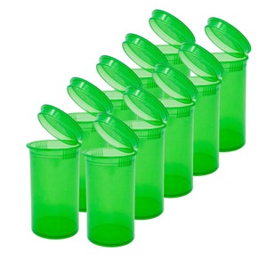 May include: Eight green plastic pill bottles with lids open. The bottles are arranged in a staggered pattern, with the lids facing the viewer.