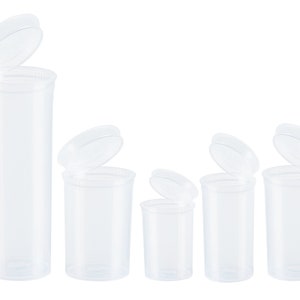 May include: Set of five clear plastic pill bottles with lids. The bottles are different sizes and are all open.