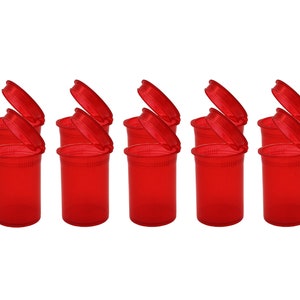 May include: Ten red plastic pill bottles with lids open. The bottles are clear and have a smooth surface.
