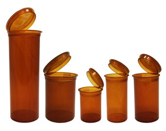 Dram 5 Pack Transparent AMBER ( Brown ) Squeeze Pop Top Open Containers 1 Ea SZ ( 60 dram, 30 dram, 19 dram, 13 dram, 8 dram ) Made USA