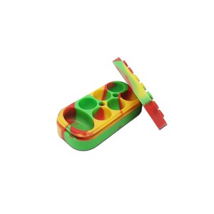 May include: A multi-coloured silicone container with four round compartments and a lid. The container is green, yellow, and red. The lid is green, yellow, and red.