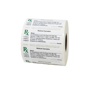 May include: A white label with green text that reads "Medical Cannabis" and includes instructions for use. The label is in compliance with CA Prop 215 SB 420, Section 11362.5 and 11362.7 of HSC. It states that the product should be kept out of reach of children and is unlawful to redistribute.
