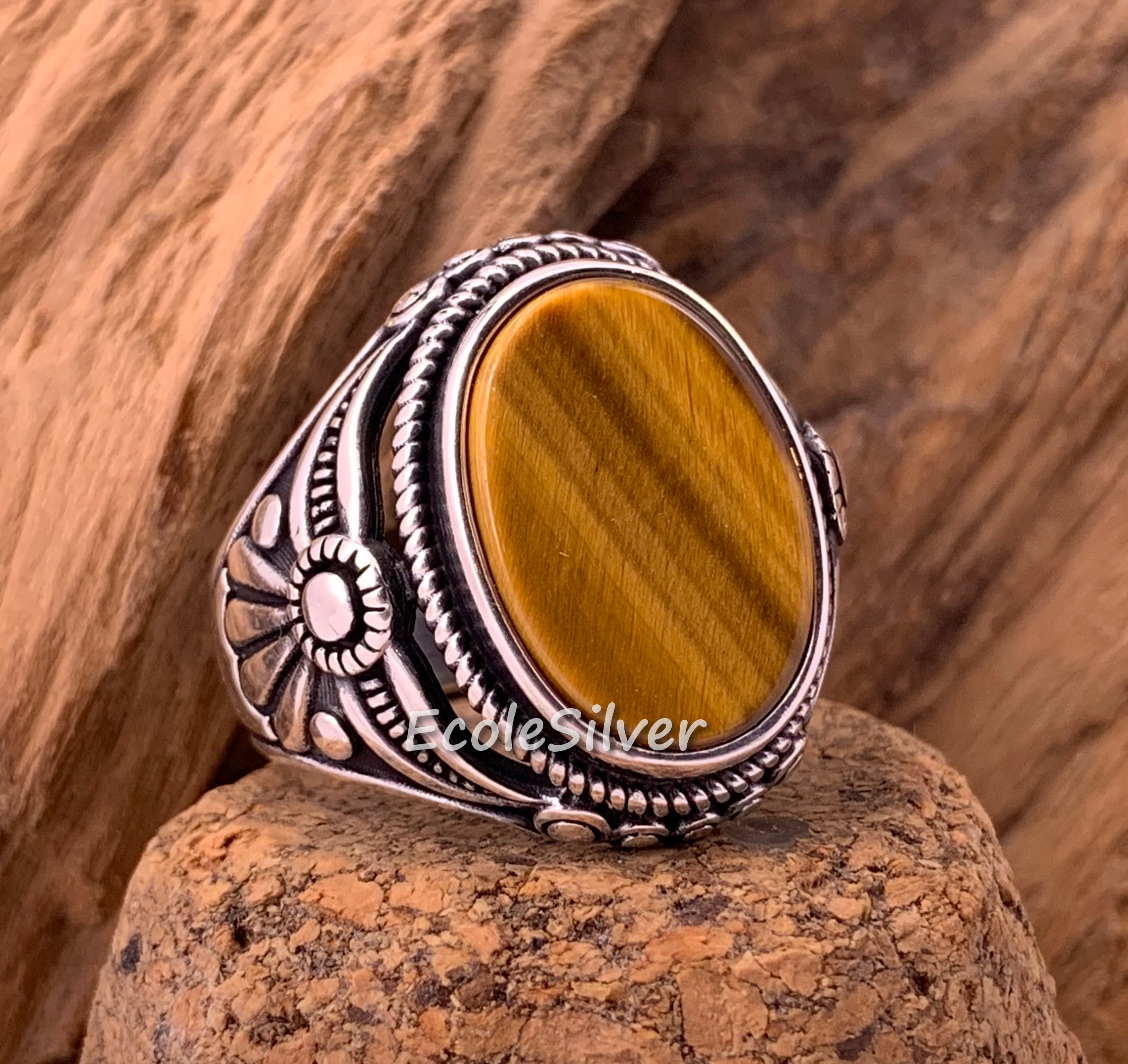 Tiger's Eye Stone Mens RingSterling Silver Mens Etsy