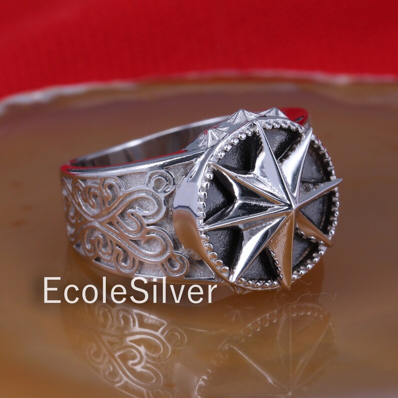 Sterling Silver Mens Ring Captains Compass ring North Star ring