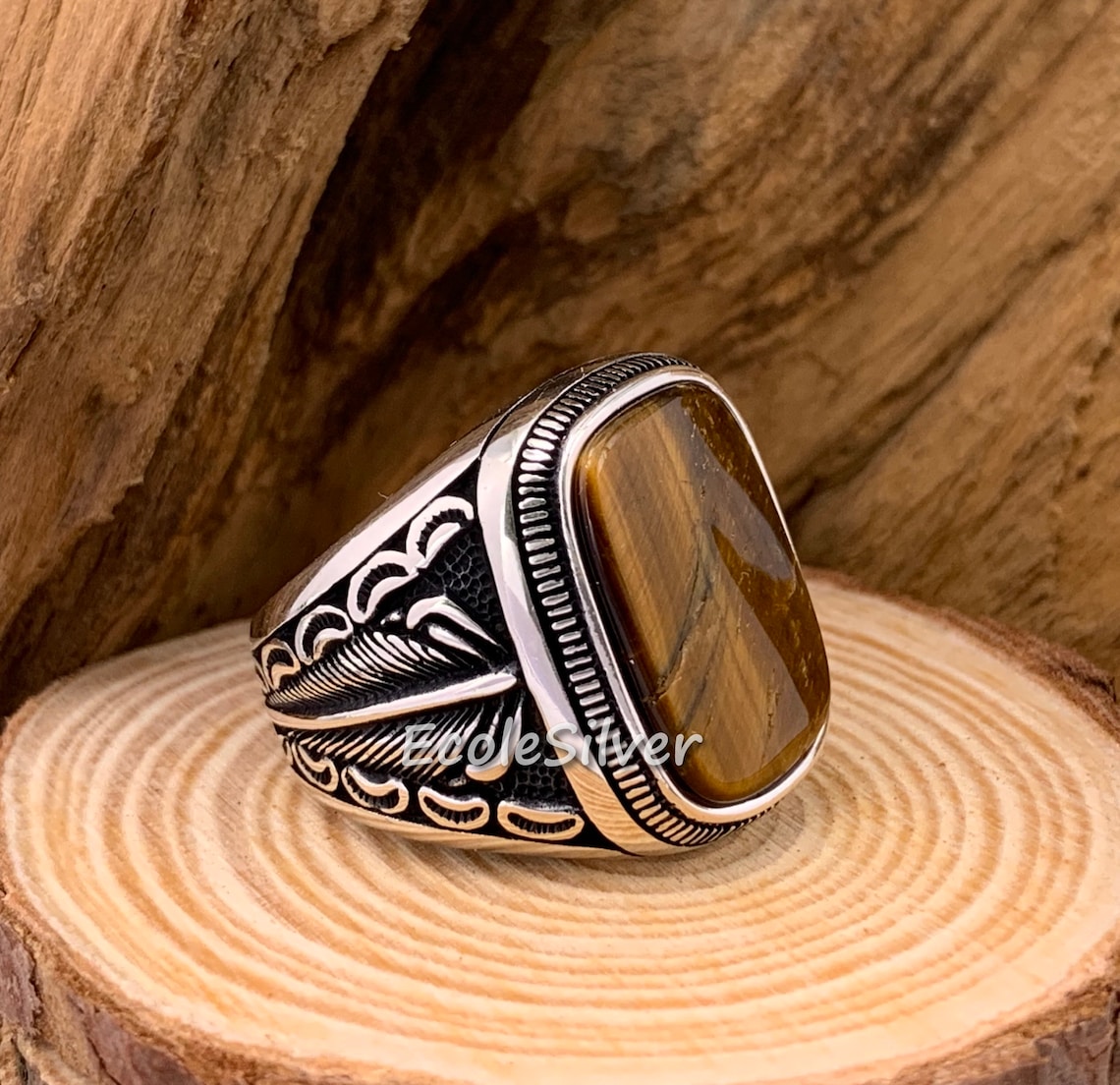 Tiger's Eye Stone Mens Ringsterling Silver Mens Etsy