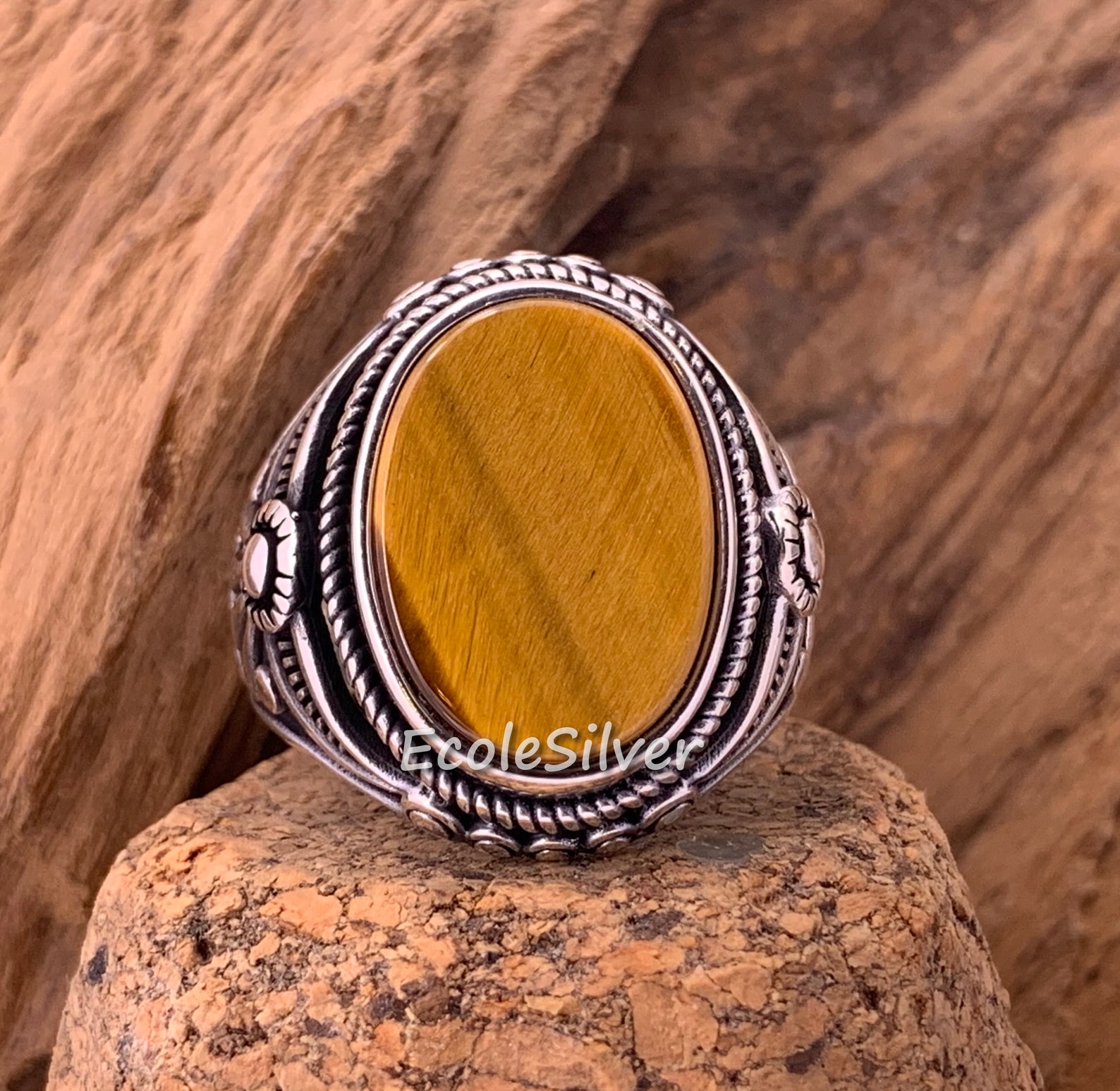 Tiger's Eye Stone Mens RingSterling Silver Mens Etsy