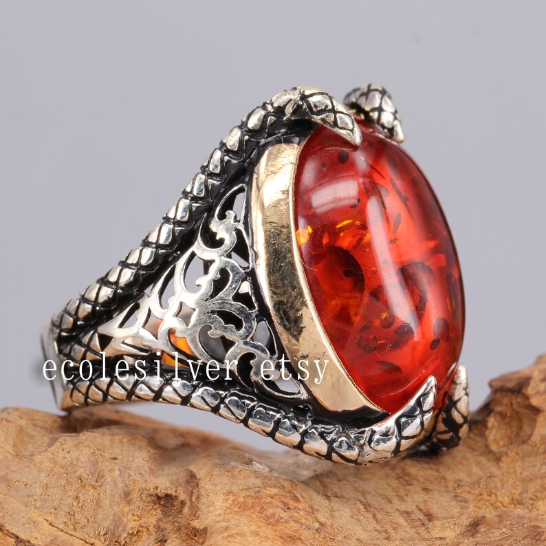 Baltic Amber Stone Ring Men Ring Amber Stone Ring 925k Etsy