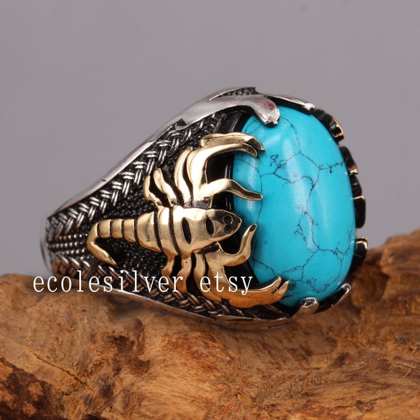 Silver Mens Ring With Scorpion Figure on Turquoise Stone 925k Silver