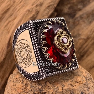 Sterling Silver Men Ring,King Solomon Ring,Red Zircon Ring,King Solomon Seal Ring,Star Of David Ring,Solomon's Talisman Ring,Mens Ring