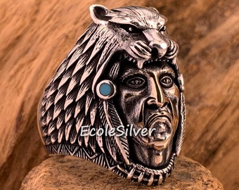 Sterling Silver Mens Ring,Native American Ring,Indian Tribe Chief Ring,Native American Chief,Indian Ring,Red Indian Ring,Apache King Ring