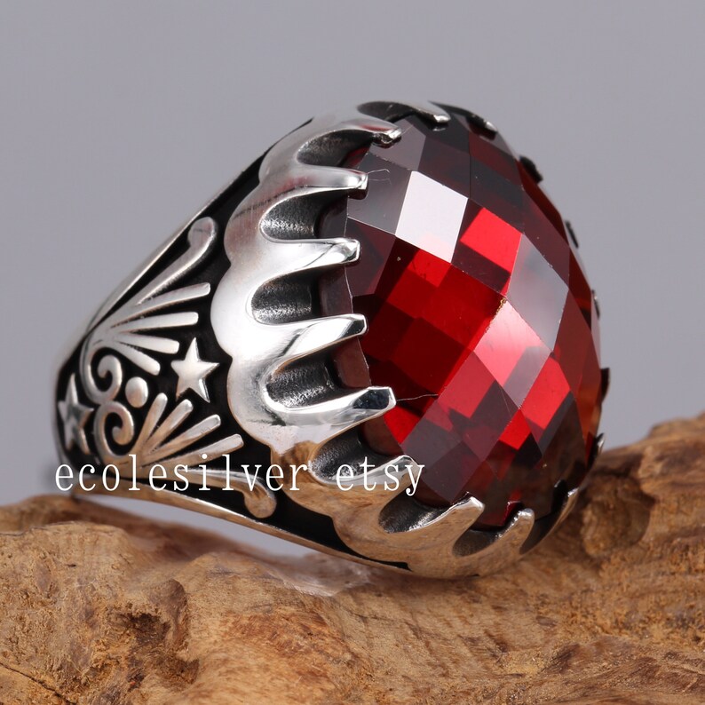 Sterling Silver Mens Ring  red zircon stone ring