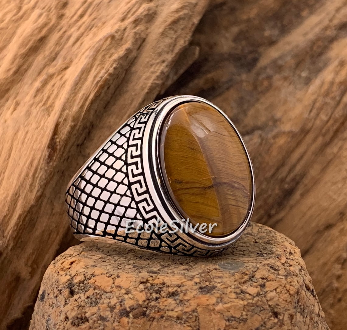 Tiger's Eye Stone Mens Ringsterling Silver Mens Etsy