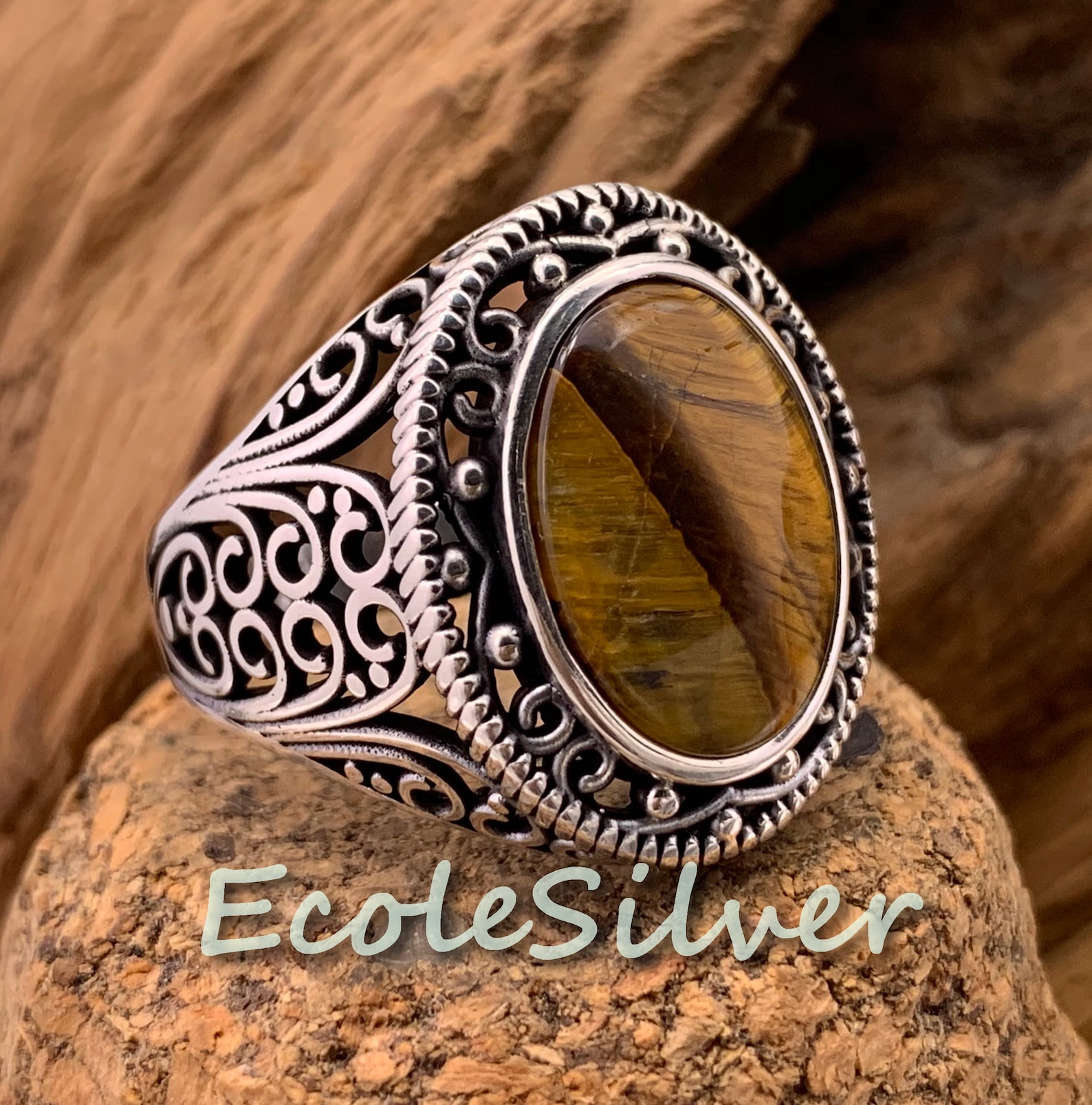 Tiger's Eye Stone Mens RingSterling Silver Mens Etsy