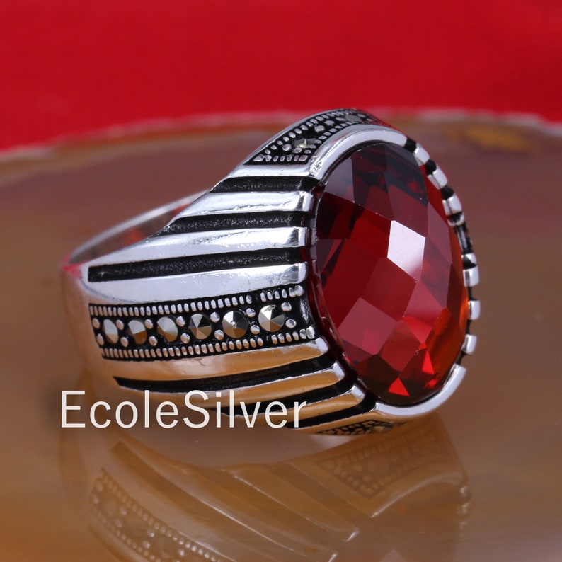 Sterling Silver Mens Ring Red Stone Ring Silver Marcasite Ring Etsy