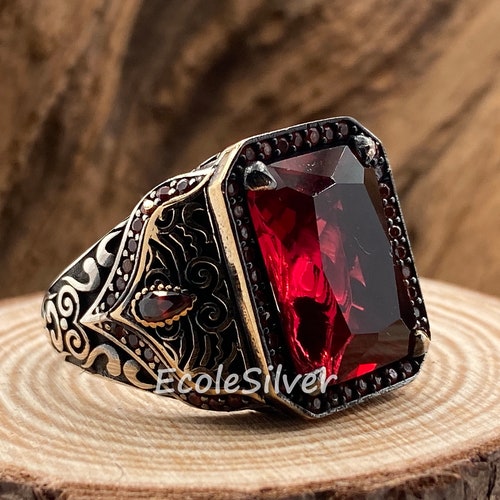 Sterling Silver Mens Ring Red Stone Ring Etsy