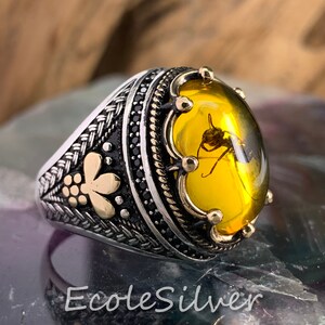 Silver Men Ring,Fossil Insect Ring,Ant Amber Ring,Ant Fossil Amber Stone Ring,Bug Fossil Ring,Amber Stone Ring Silver Amber Ring,Unisex Ring