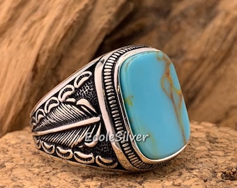 Turquoise Stone Silver Men Ring with Ornament Turquoise Stone Silver Ring with Braided Sides Valentine/'s Day Gemstone Opal Ring for him