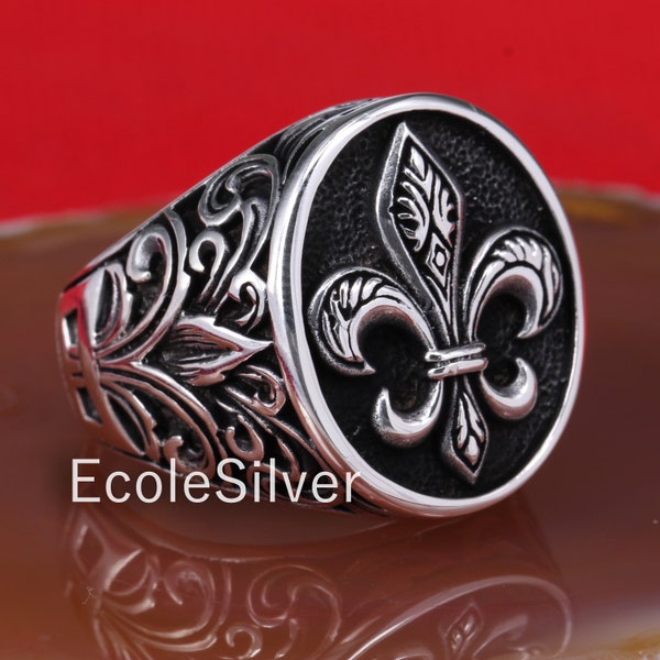 Kingdom Of France French Lily French Royal Lily Handcrafted 925k Sterling Silver Mens Ring