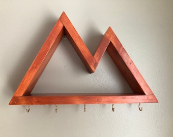 Small Wooden Mountain Shelf with Hooks