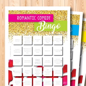 Tabuleiros de bingo de comédia romântica de filmes, jogo de cartas de bingo para impressão Rom Com, Rom Com, download instantâneo, entediado em casa, destruidor de tédio