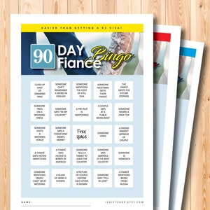 Planches de bingo 90 Day Fiance, cadeau 90 Day Fiance, jeu de bingo imprimable, téléchargement instantané, émission de télévision 90 Day Fiance, soirée de visionnement, cartes de bingo