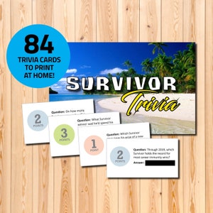 The Survivor trivia card game, tv show games, Survivor fan gift, viewing party, printable game, instant download, Jeff Probst