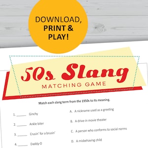 1950s slang game, matching printable, 50s theme party, decades trivia, instant download image 1