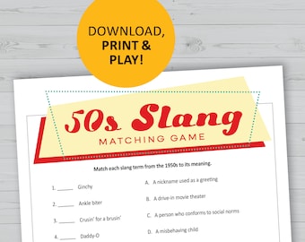 1950s slang game, matching printable, 50s theme party, decades trivia, instant download