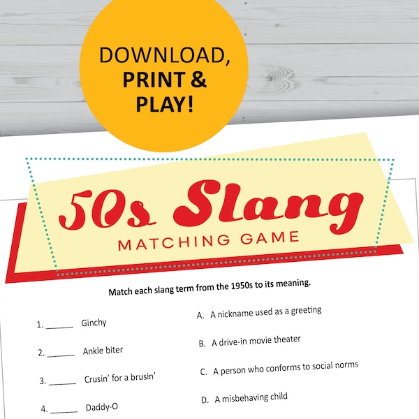 1950s slang game, matching printable, 50s theme party, decades trivia, instant download