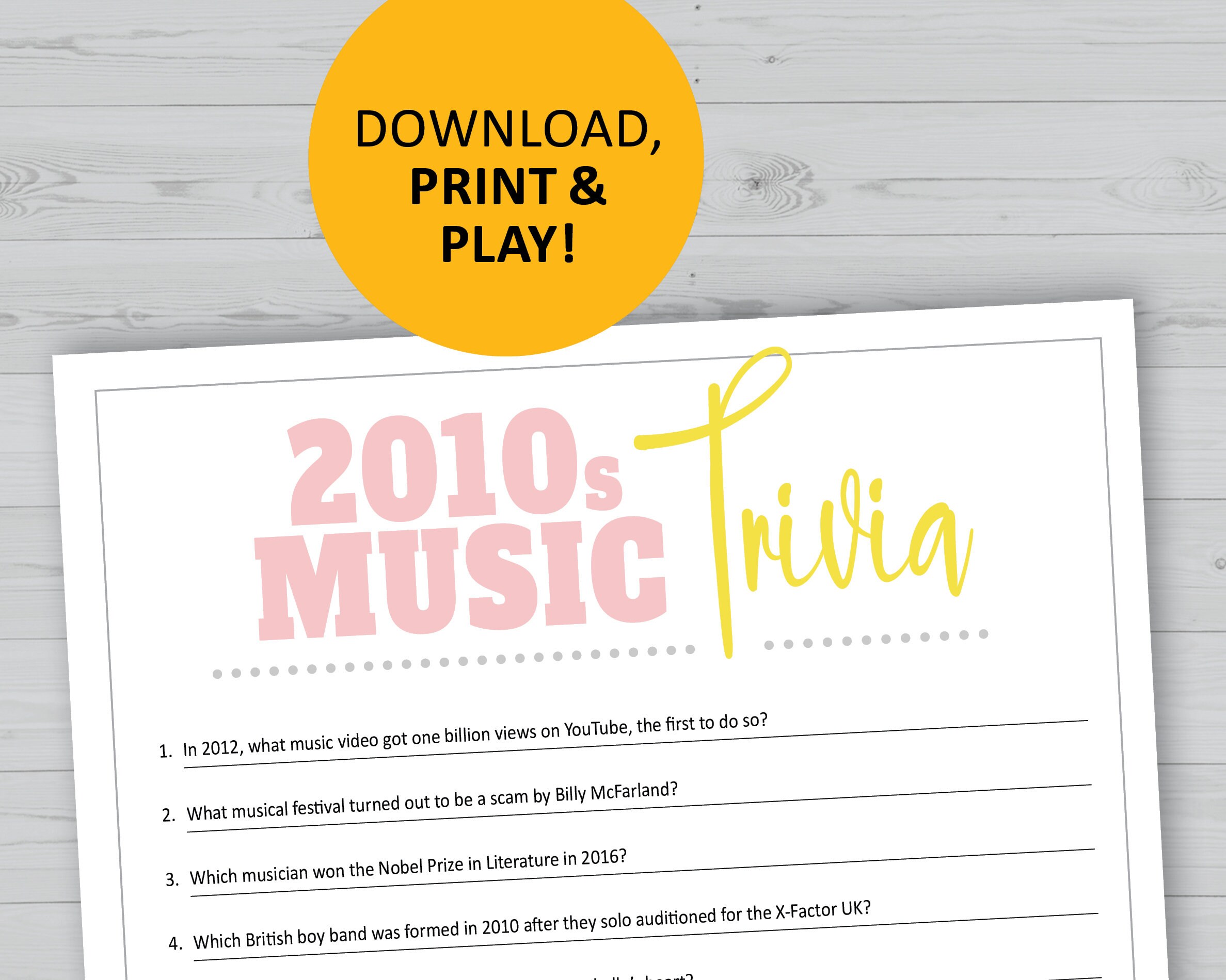2010s music trivia game, 10s history, pop culture printable games, instant download