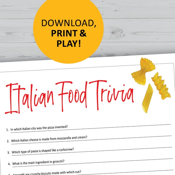 Italian food trivia game, cooking printable, instant download, dinner party questions