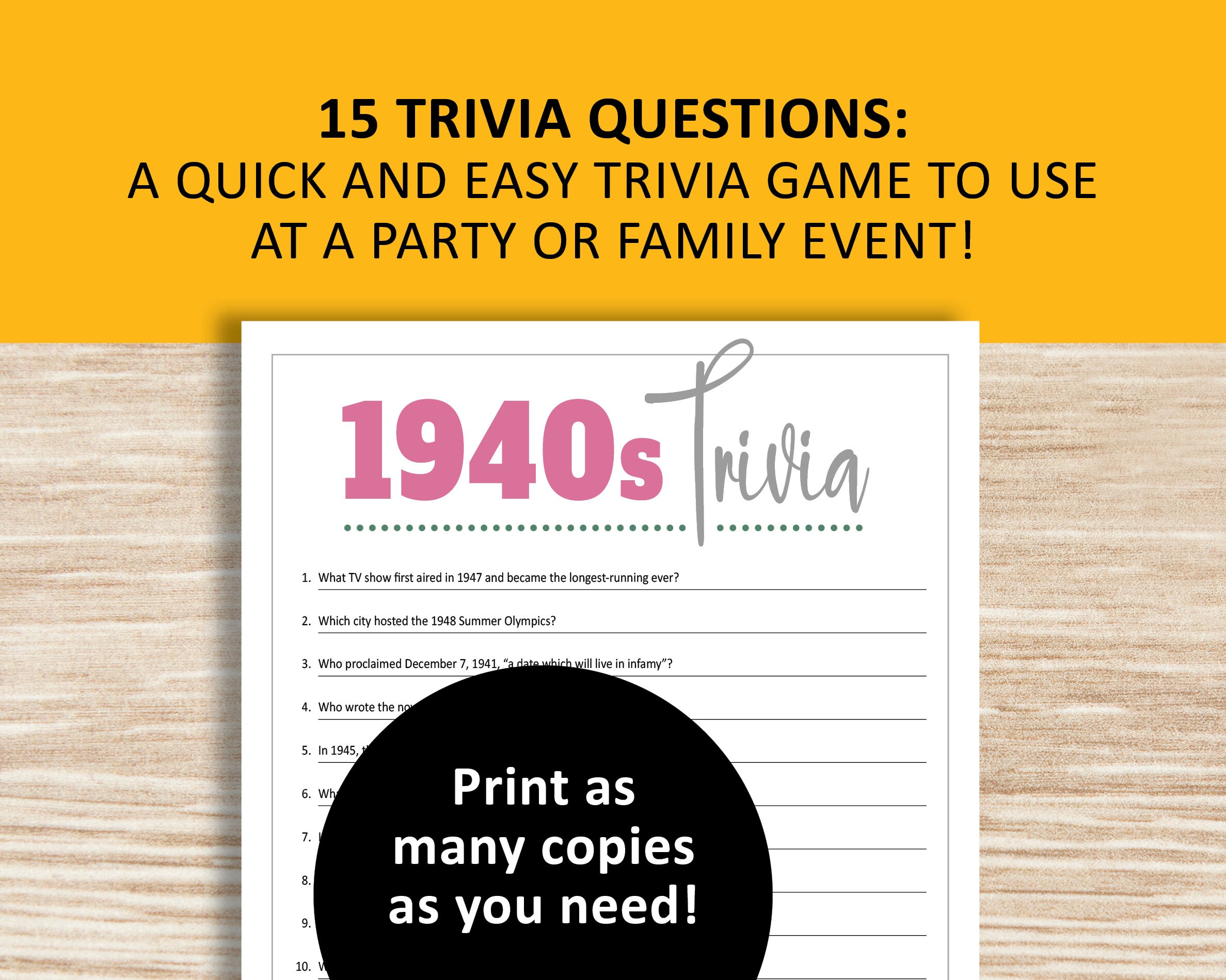 1940s Trivia Game, 40s History, Pop Culture Printable Games, Instant ...