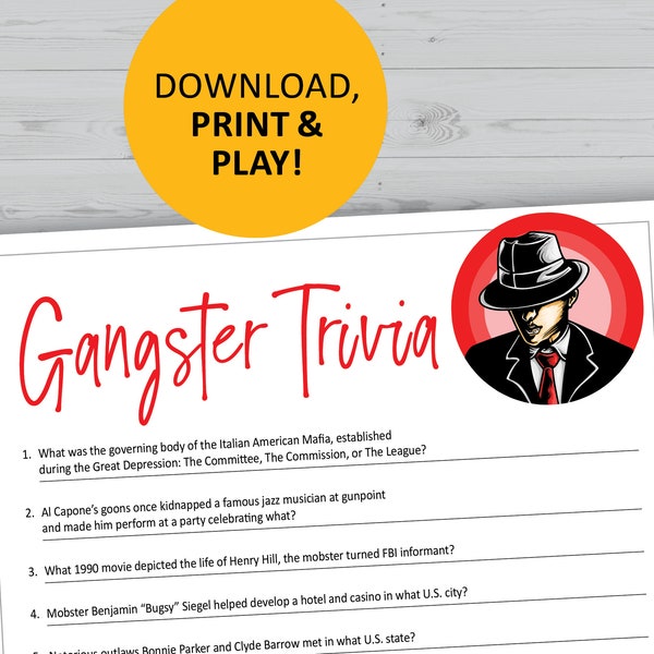 Gangster trivia game, 1920s party printable, instant download games, mobster questions quiz