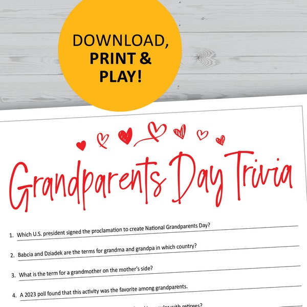 Grandparents Day trivia game, printable party games, grandma and grandpa quiz questions