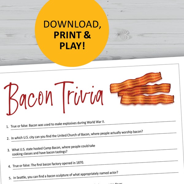 Bacon trivia game, food printable, instant download, brunch game questions