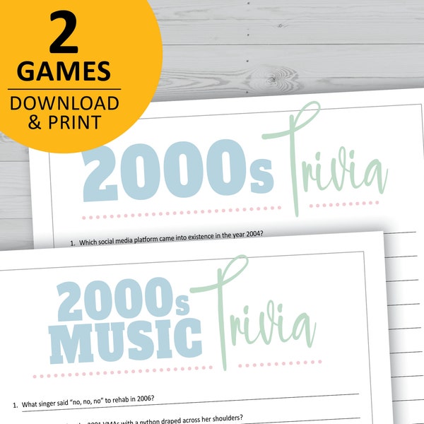 2000s trivia game bundle, 00s history, music, pop culture printable games, instant download