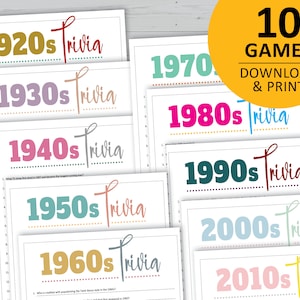 Decades trivia bundle, printable games, party instant download, 20s, 30s, 40s, 50s, 60s, 70s, 80s, 90s, 00s, 10s