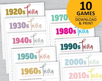 Decades trivia bundle, printable games, party instant download, 20s, 30s, 40s, 50s, 60s, 70s, 80s, 90s, 00s, 10s