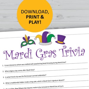 Mardi Gras trivia game, New Orleans history questions printable, instant download, party games