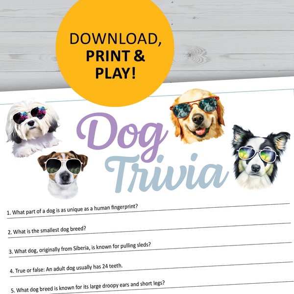 Dog trivia printable game, animal lover, dogs instant download, family night